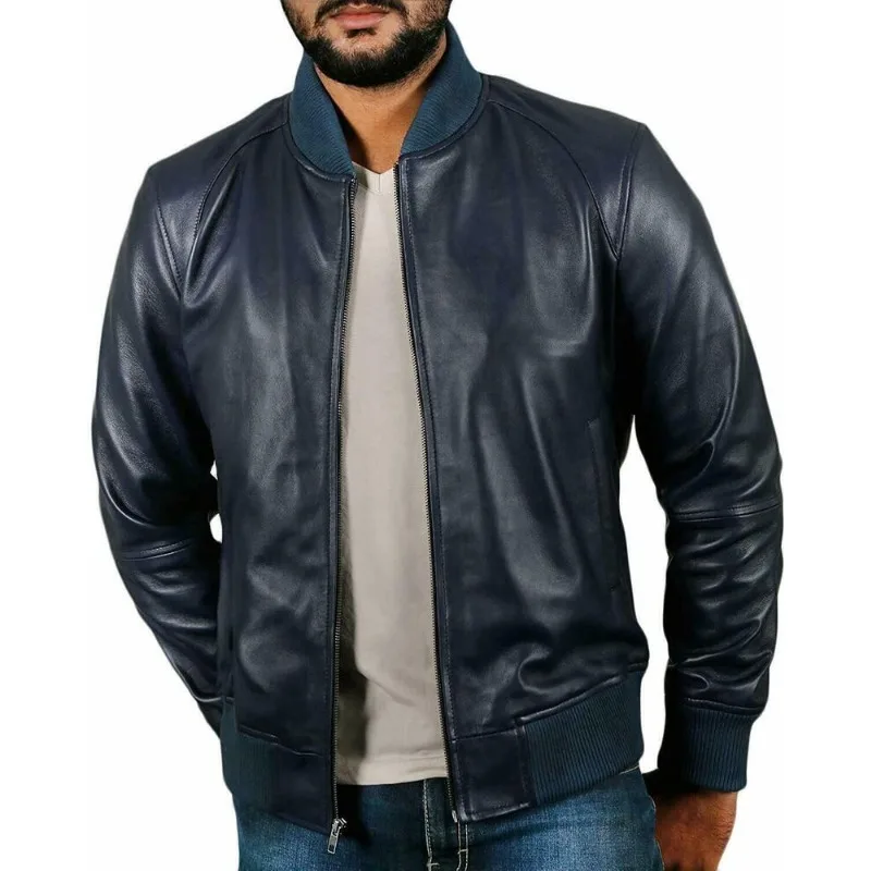 

Casual Leather Jacket Men's Authentic Sheepskin Navy Jacket European and American Fashion Trend