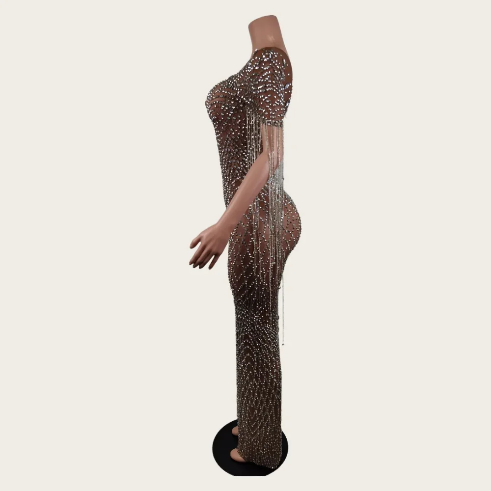 Mode Strass Fransen Transparent Mesh Stretch Kleid Abend Geburtstag Party Prom Feiern Outfit Sexy Bühne Show Kostüme