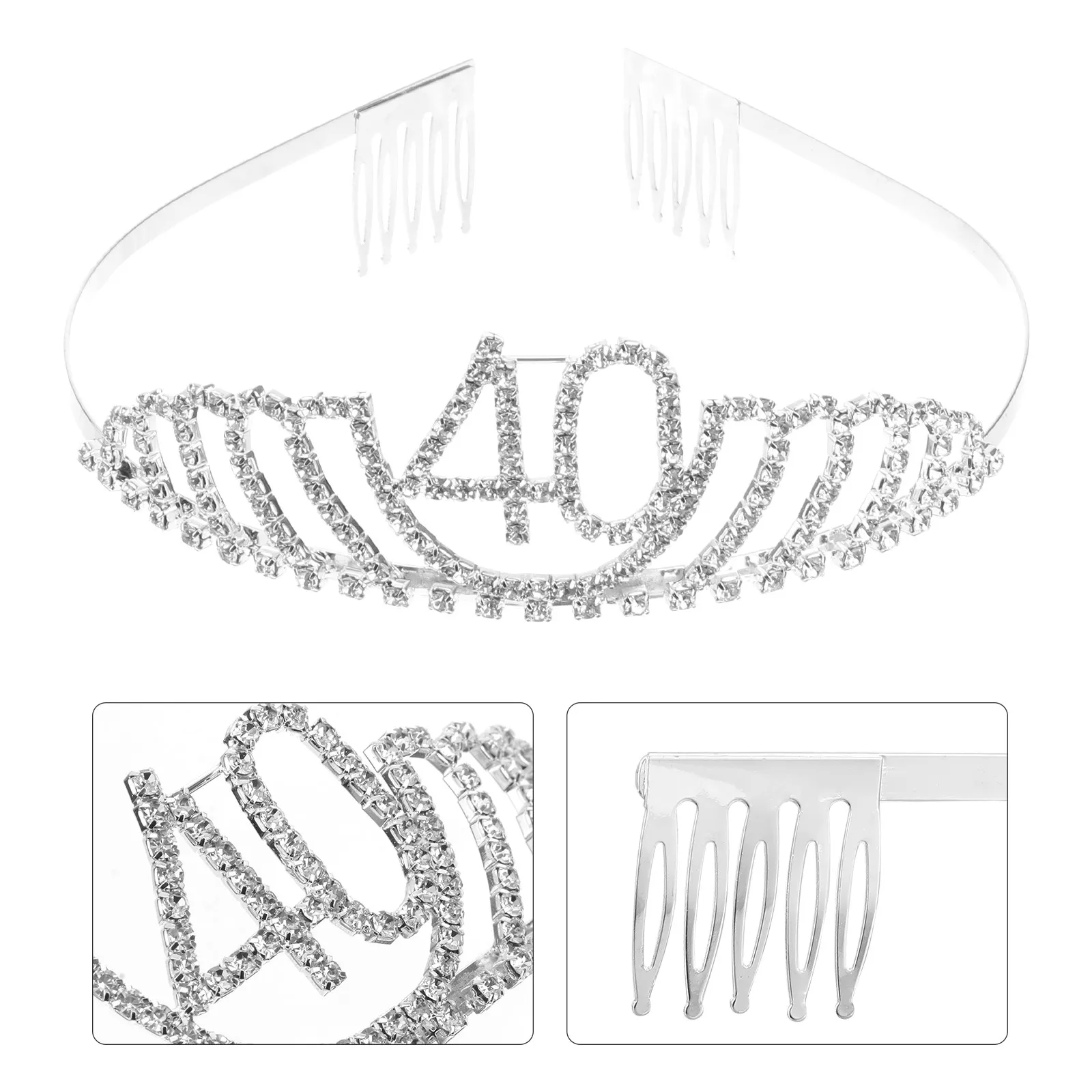 40th Birthday Tiara Crystal Rhinestone Number Queen Crown Headband Hair Combs Anti-Allergic Party Decoration Birthday Gifts