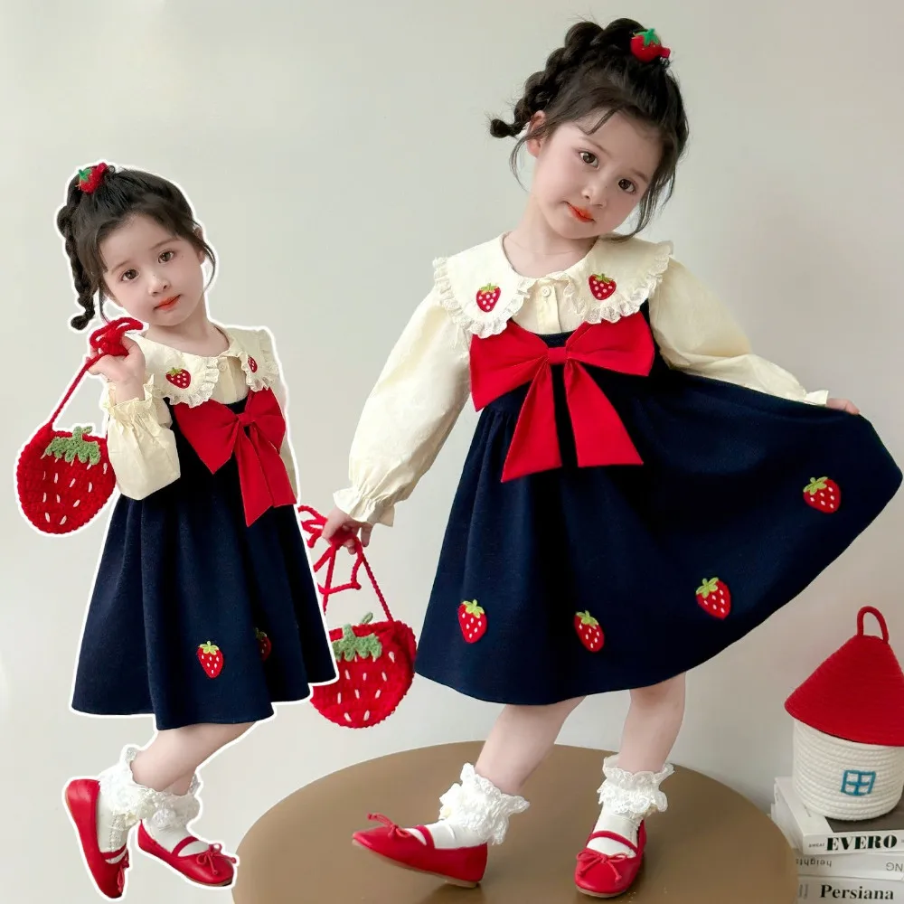 Autumn Cute Strawberry Print Lapel Long Sleeved Shirt+bow Dress Two-piece Set for Girls Aged 2-7 Korean Version