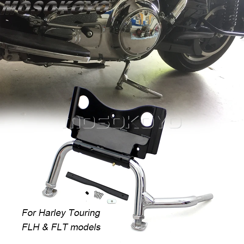 Chrome Adjustable Center Stand Mounting Hardware Central Support Holder Stand Bracket For Harley Touring FLH FLT Glide 2009-UP