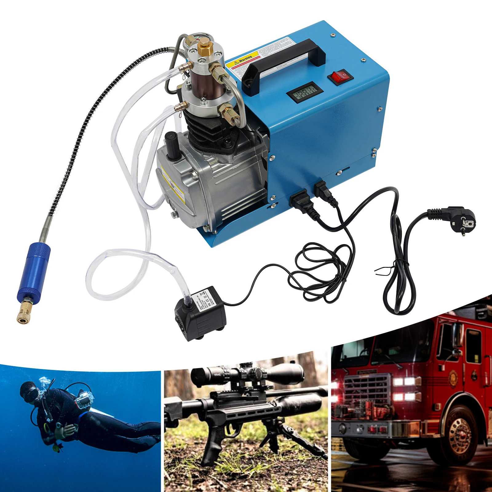 Bomba de compresor de aire de alta presión de 300bar, juego de bomba de aire eléctrica portátil de 220V y 1,8 kW con separador de aceite y agua + manómetro de 2800RPM