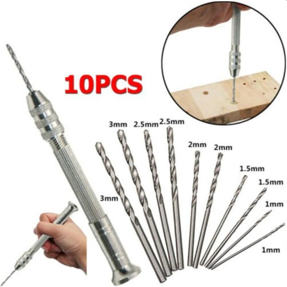 Trapano a mano in alluminio 0.8-3.0mm con mandrino autoserrante 10Pcs Mini trapano a torsione precisione Pin morsa lavorazione del legno strumento di perforazione rotante