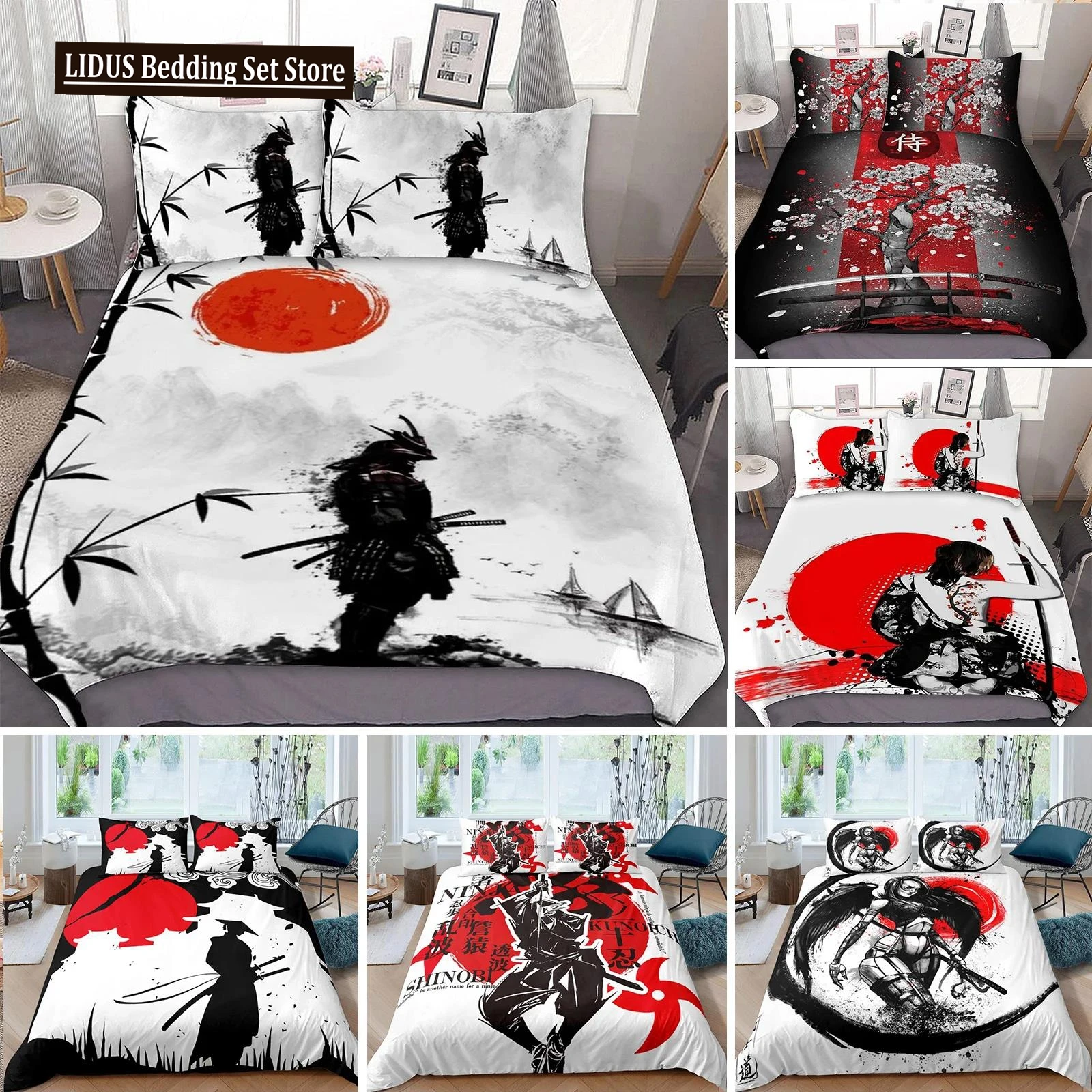 Japanese Samurai Bedding Set King/Queen/Full Size Japan Sunset Scenery Building Silhouette Polyester Duvet Cover Men Black Red