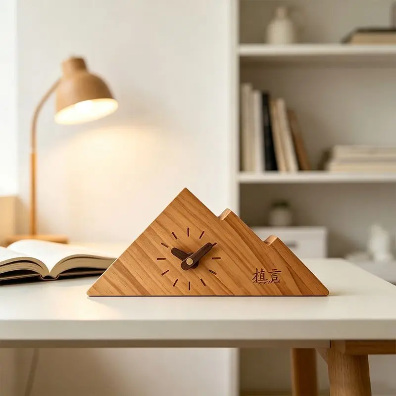 Mountain Solid Wood Clock Natural Log Texture Desktop Silent New Chinese Tea Room Retro Literary Ornament