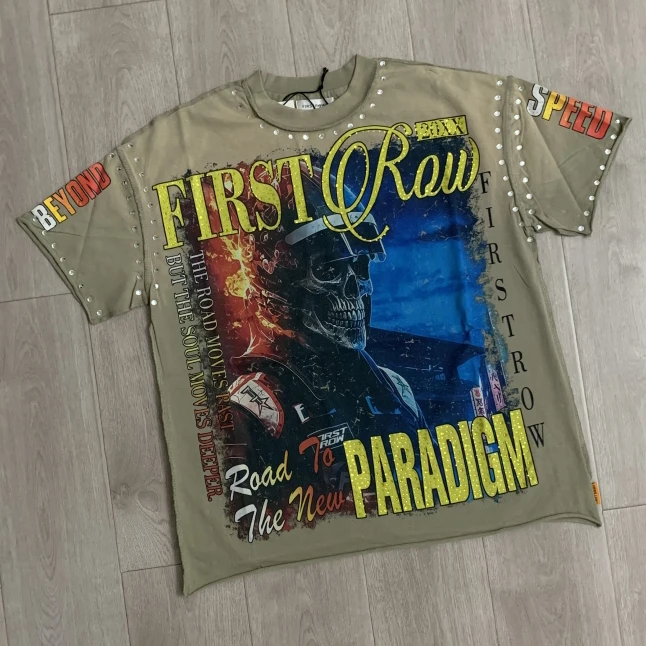 2026 New Arrival First Row T Shirt Yellow Rhinestone Letter Flame Print Oversized Y2K Hip Hop Streetwear Men Women