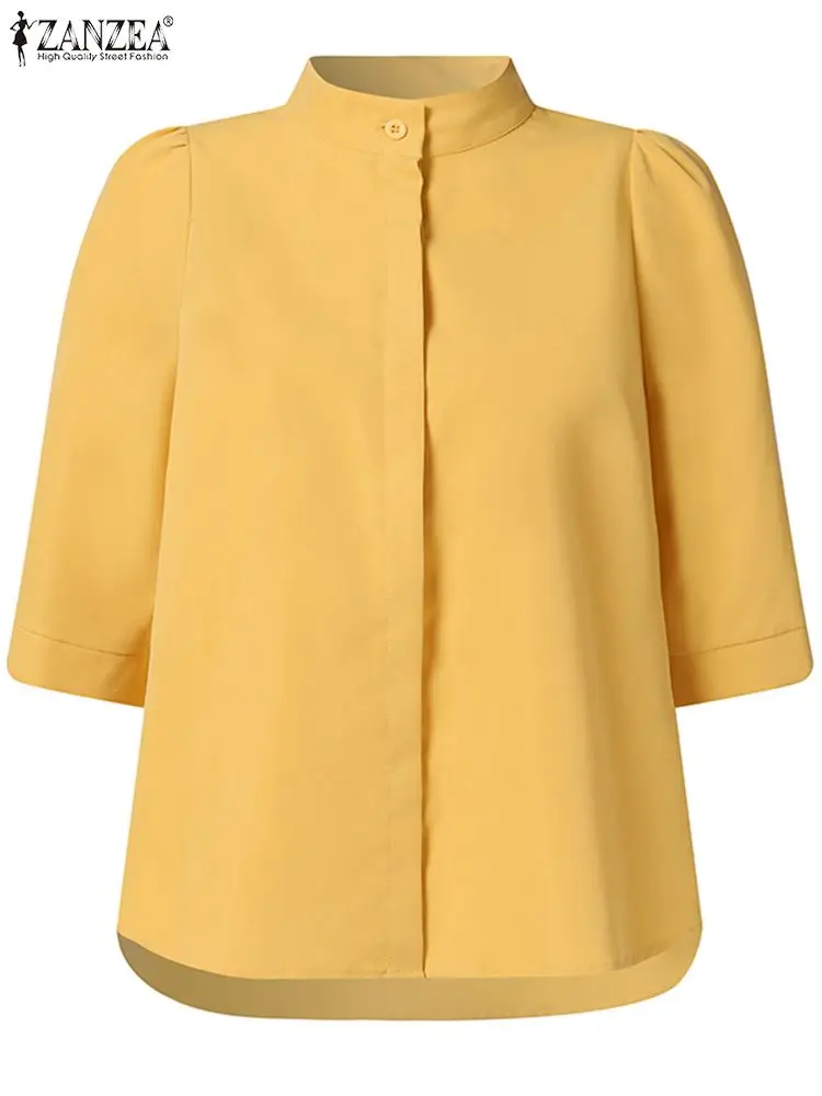 ZANZEA-Blusa informal con cuello levantado para verano, camisa de manga larga con botones, Color liso, 2023