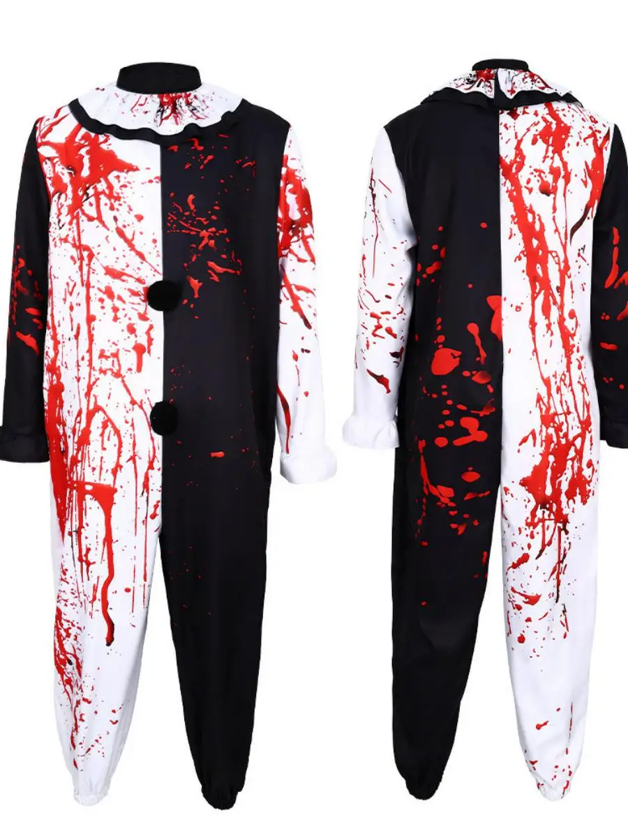 زي الهالوين الجديد المأساوي للمهرج، ملابس لعب لمرحلة الأداء، مادة البوليستر، تصميم ملون بالدم