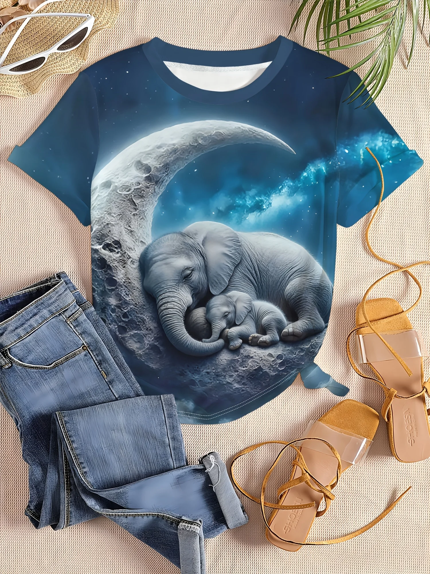 Women Crew Neck Short Sleeve T‑Shirt, Mother And Baby Elephant Sleeping On Crescent Moon Starry Sky Art Graphic Casual Tee