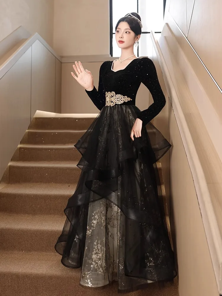 Elegancka sukienka wieczorowa z cekinami, długi rękaw, nowość 2025, damska, zimowa, dopasowana, rozkloszowana suknia balowa, klasyczna tiulowa sukienka z kwadratowym dekoltem.