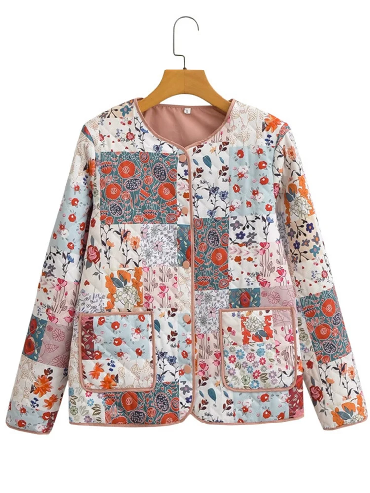 

2024 Women Printed Flower Parka Quilted Reversible Cotton Coat Long Sleeve Open Front Jackets Autumn Vintage Street Outerwear