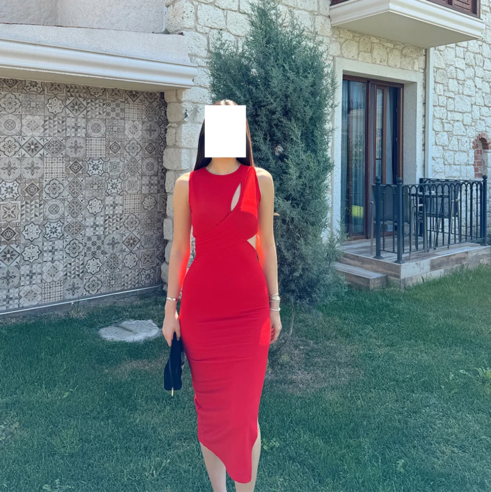 

Fashion Jersey Straight Cap Sleeve Evening Dress O-neck Sleeveless Knee Length Red Special Occasion Gowns Saudi Arabia 2024