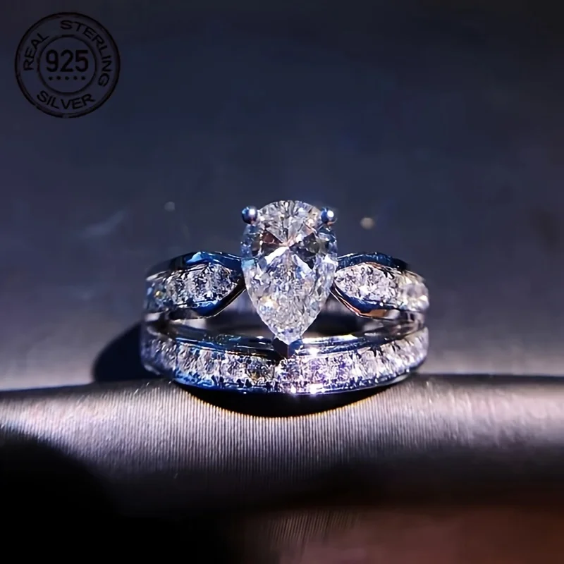 

Elegant Double-layer Wedding Ring With Luxurious 925 Silver Rings Zirconia Water Drop Design Fine Jewelry White Gold Plated