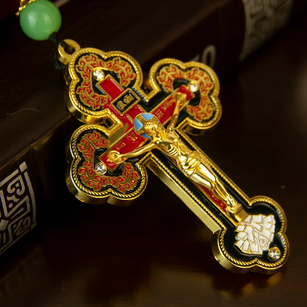 HTISOK Orthodoxe Halskette mit Holzperlenkette, Kruzifix, Gold, Holzrosenkranz, Perlenkette, religiöser Jesus-Gebetsschmuck – Detail 3