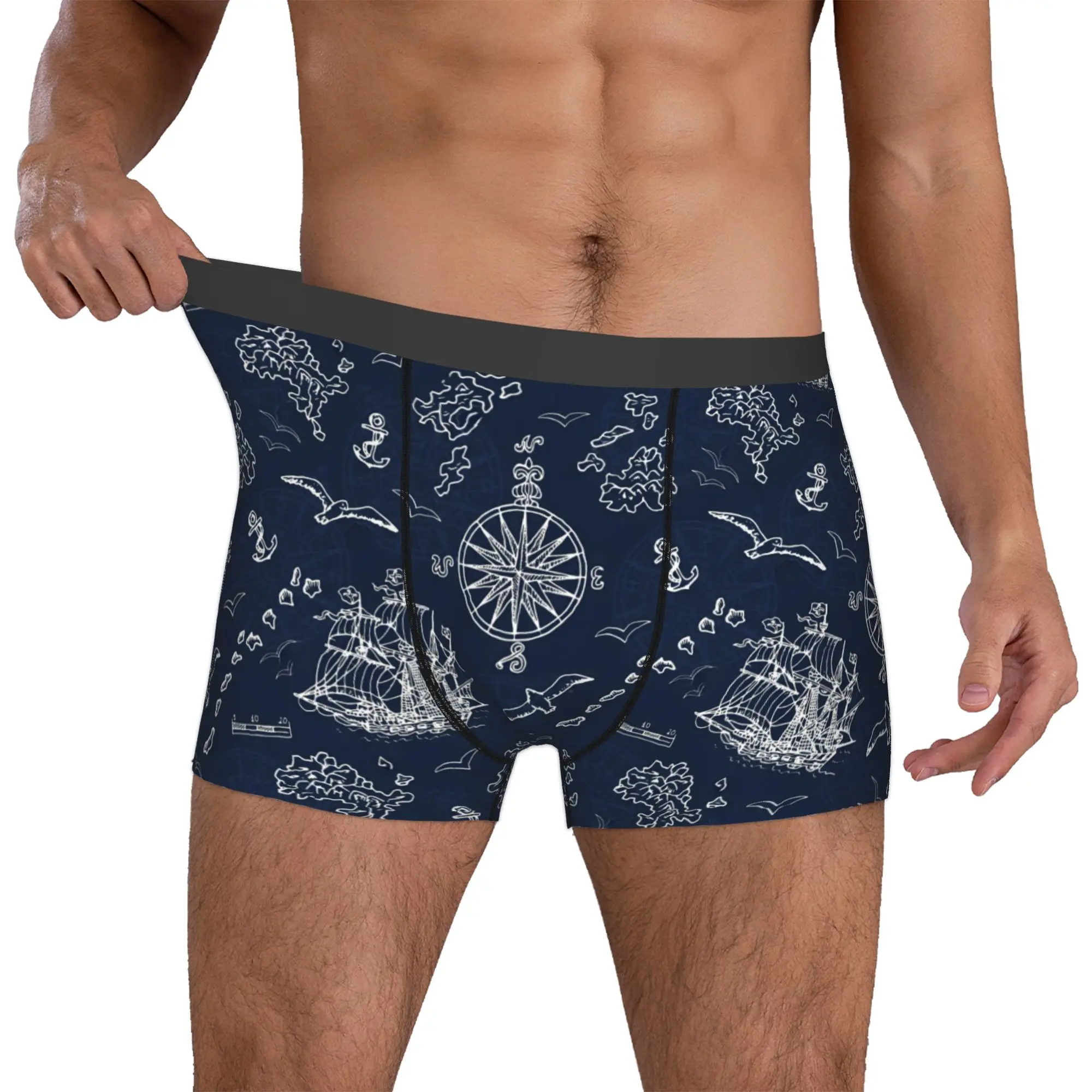 Male Novelty Captain Anchor Adventure Nautical Sailor Compass  Underwear  Boxer Briefs Stretch Shorts Panties Underpants