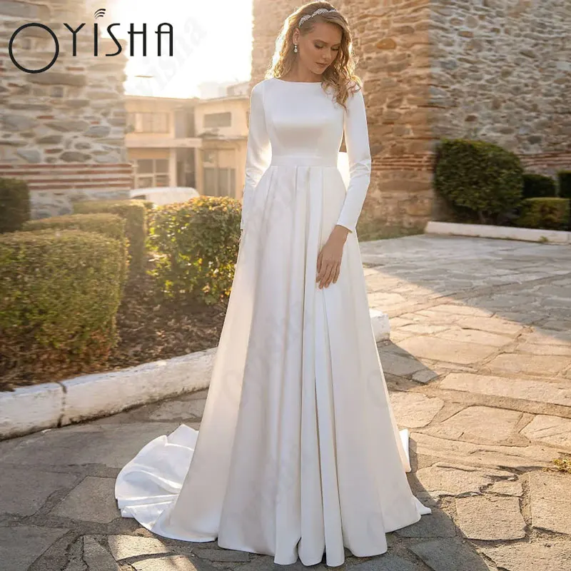 OYISHA-Robes de mariée A-ligne à col rond pour femmes, satin blanc, manches longues, magnifiques patients, tout ce qui est exquis, robes éducatives musulmanesOyisha o - neck a - word robe de mariée musulmane Blanc Sati