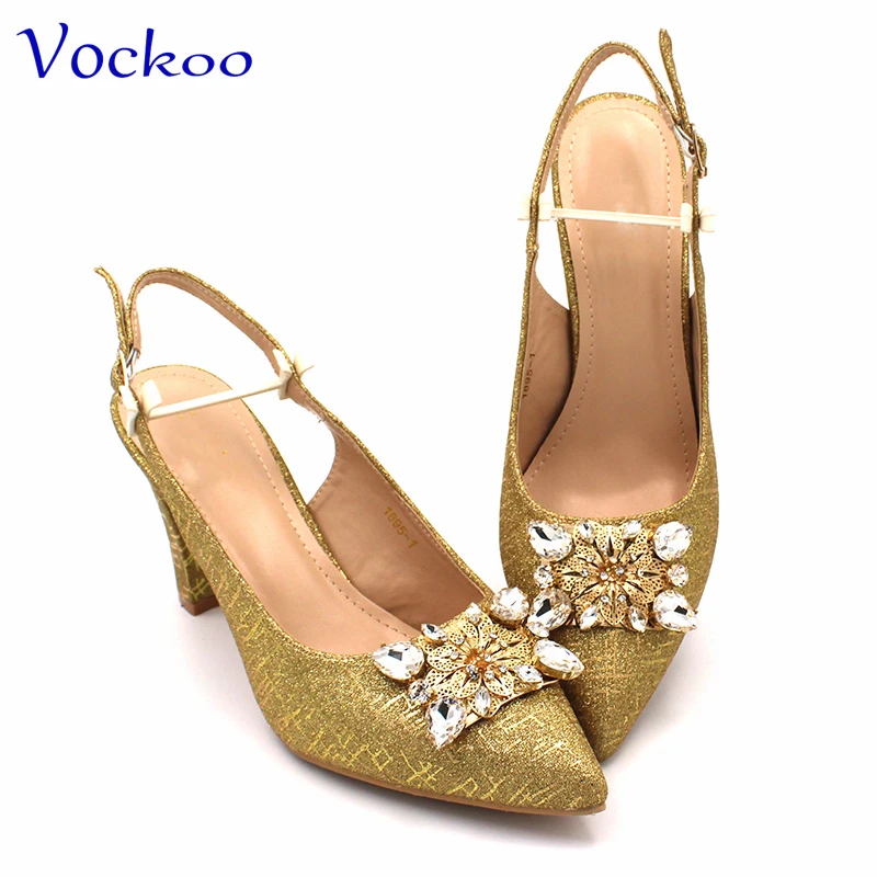 Golden Color New Arrivals African Women Shoes and Bag Set Mature Style Italian Design Pumps for Party