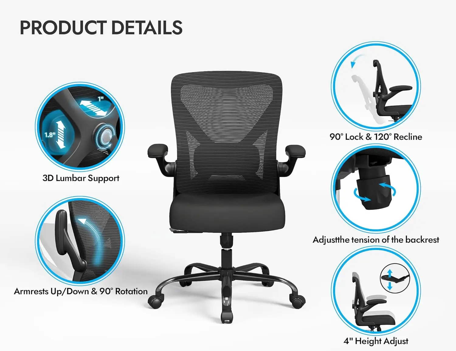 Ergonomic Office Chair with Adjustable Lumbar Support - Mesh Computer Desk Chair for Home Office and Gaming