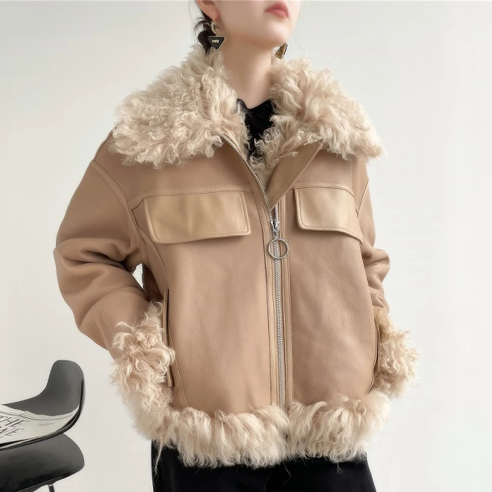 2023 Khaki Tigrado Shearling Fur Coat Women Winter Fashion Cool Casual Daily Winter Warm Real Fur Jackets