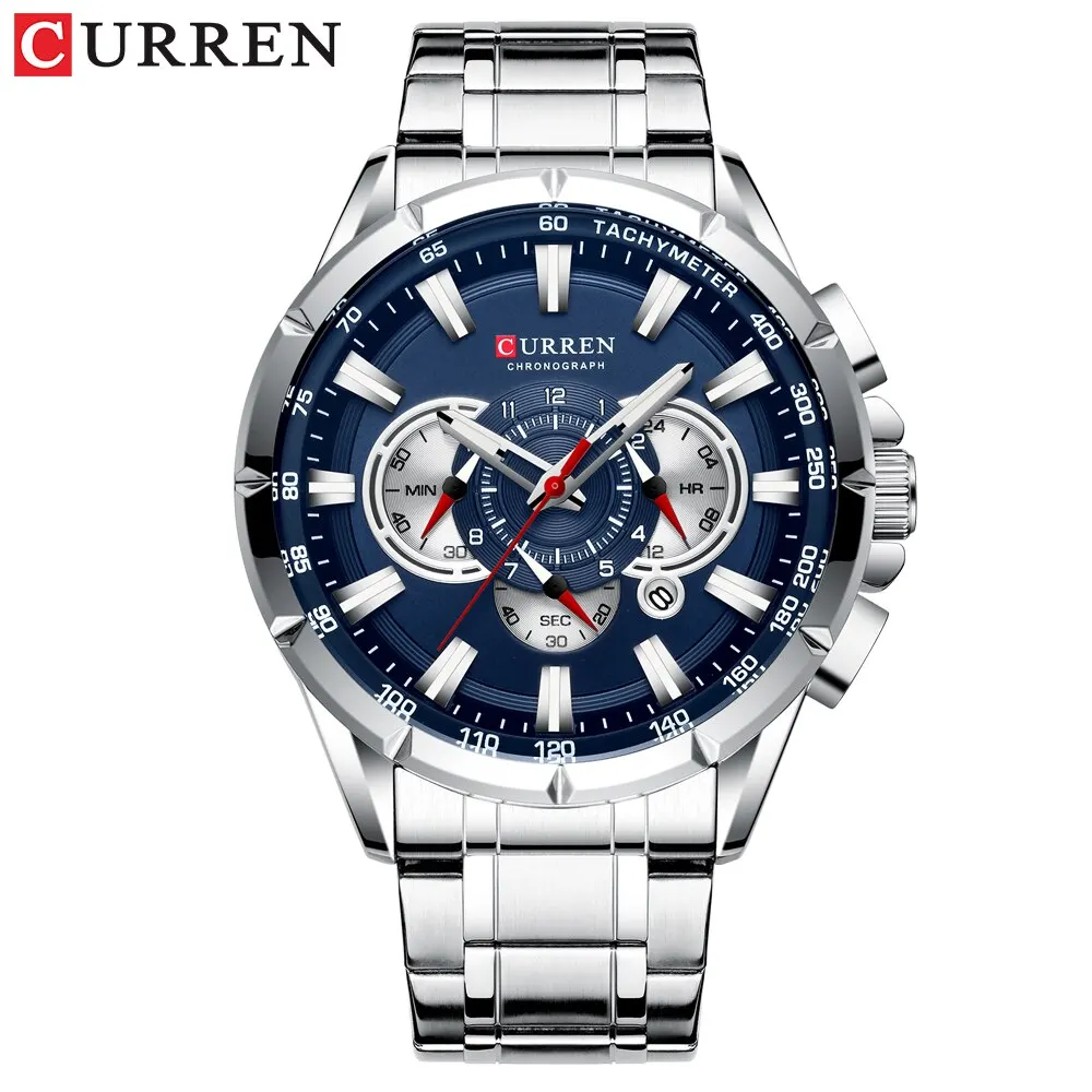 CURREN New Casual Sport Chronograph Mens Watches Stainless Steel Band Wristwatch Big Dial Quartz Clock with Luminous