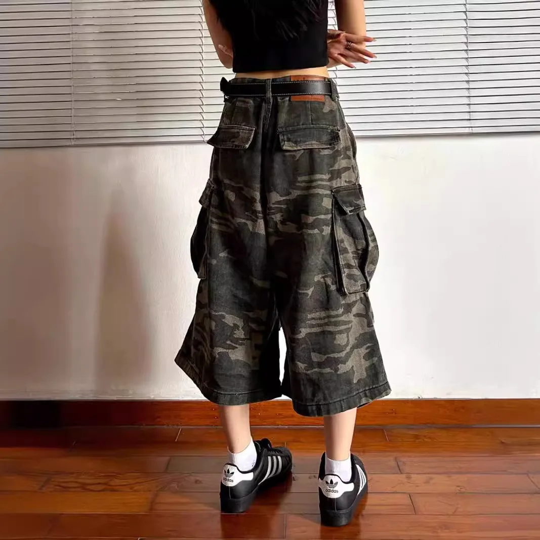 Unisex jeans bijgesneden broek 2025, retro noodlijdende cargobroek, unisex camouflage denim stijl, rechte crop broek met wijde pijpen
