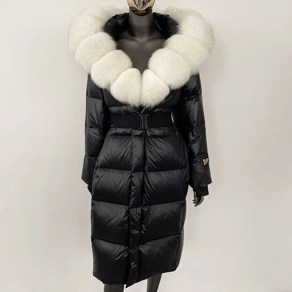 2024 Winter Women Coat Real Fox Fur Collar Hooded Jacket Thick Warm Autumn Hat Detachable X-long White Duck Down Overwears