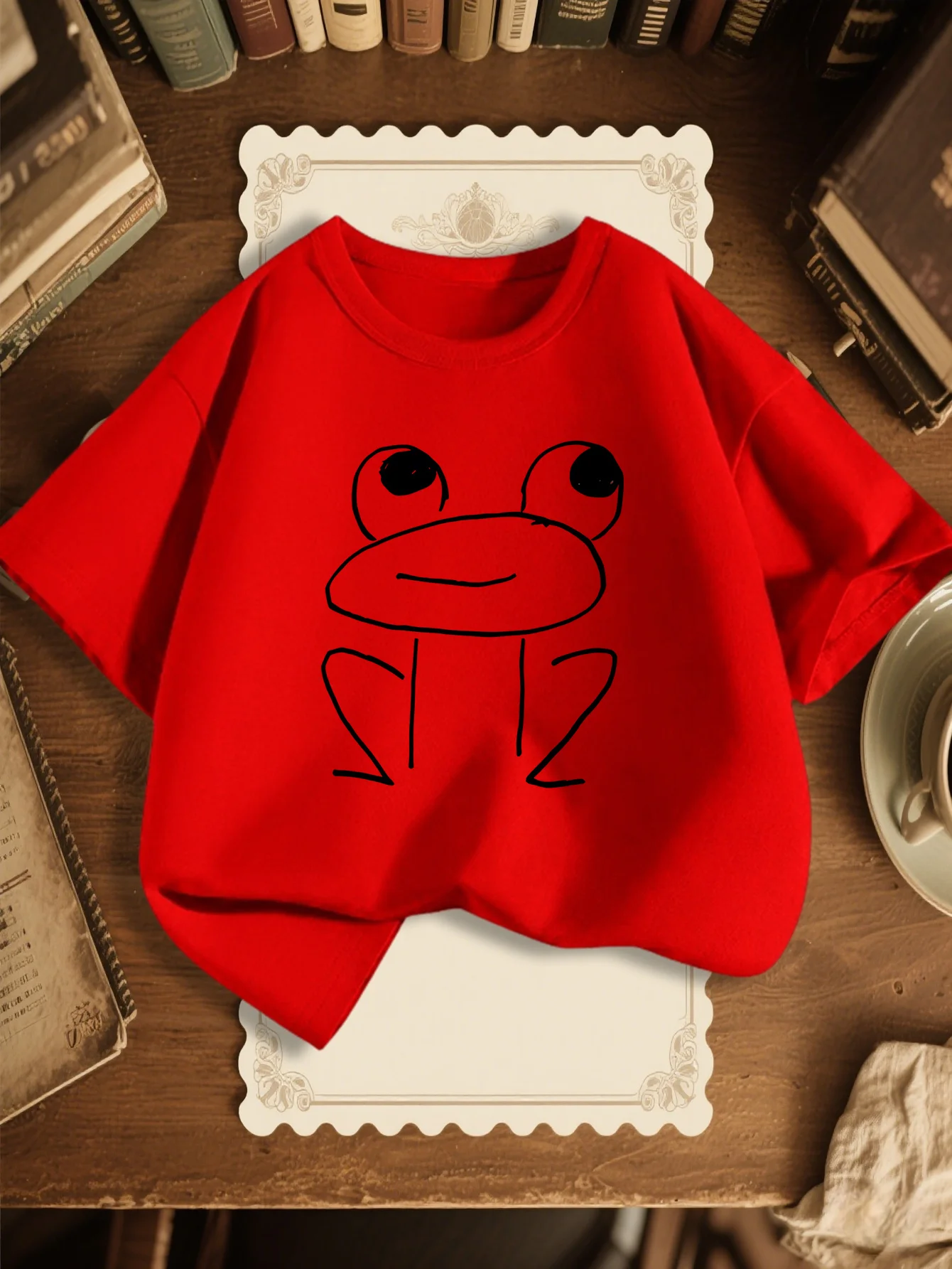 Simple Line Drawing Frog Print Kid T Shirt Soft Cotton Short Sleeve Boys Girls Parent Child Matching Cute Daily Casual Loose Top