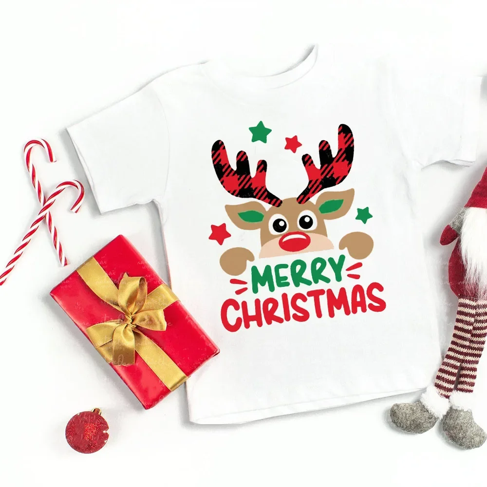 Merry Christmas Deer Print Children Clothes Baby Boys Girls Short Sleeve T-shirt Kids Graphic Tee Xmas Holiday Christmas Shirt