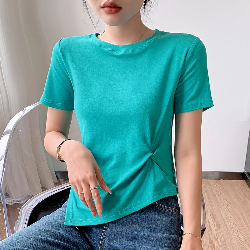 

Summer Blue T-Shirt Fold Flower Female Short-Sleeved Student Versatile Loose Half-Sleeve Top Trend Boutique Cotton Shirt Sleeve