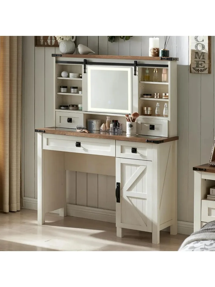 42-дюймовый туалетный столик в стиле фермерского дома с раздвижным зеркалом, подсветкой и местом для хранения макияжа