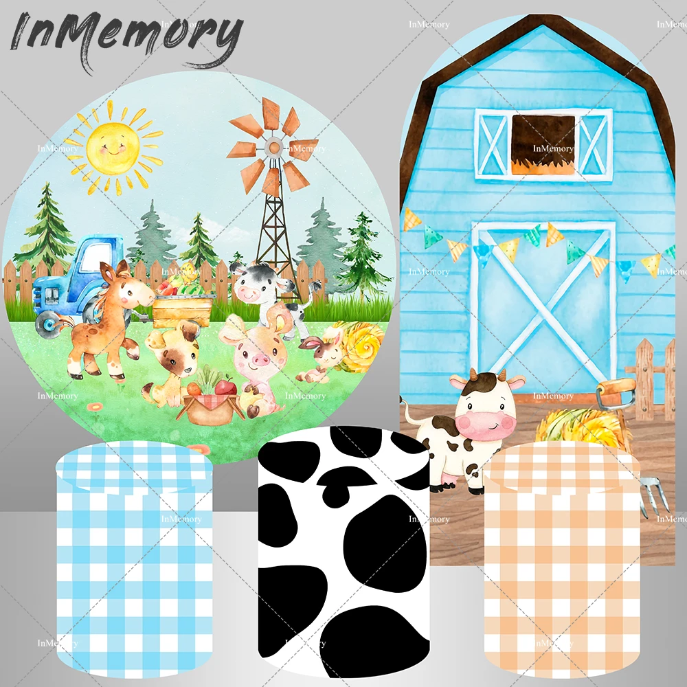 Cubierta de fondo de pared de arco de Casa de Granero azul, animales, camión, granja, círculo redondo, Fondo de cumpleaños para niño, mesa de pastel, cubiertas de zócalo de vaca