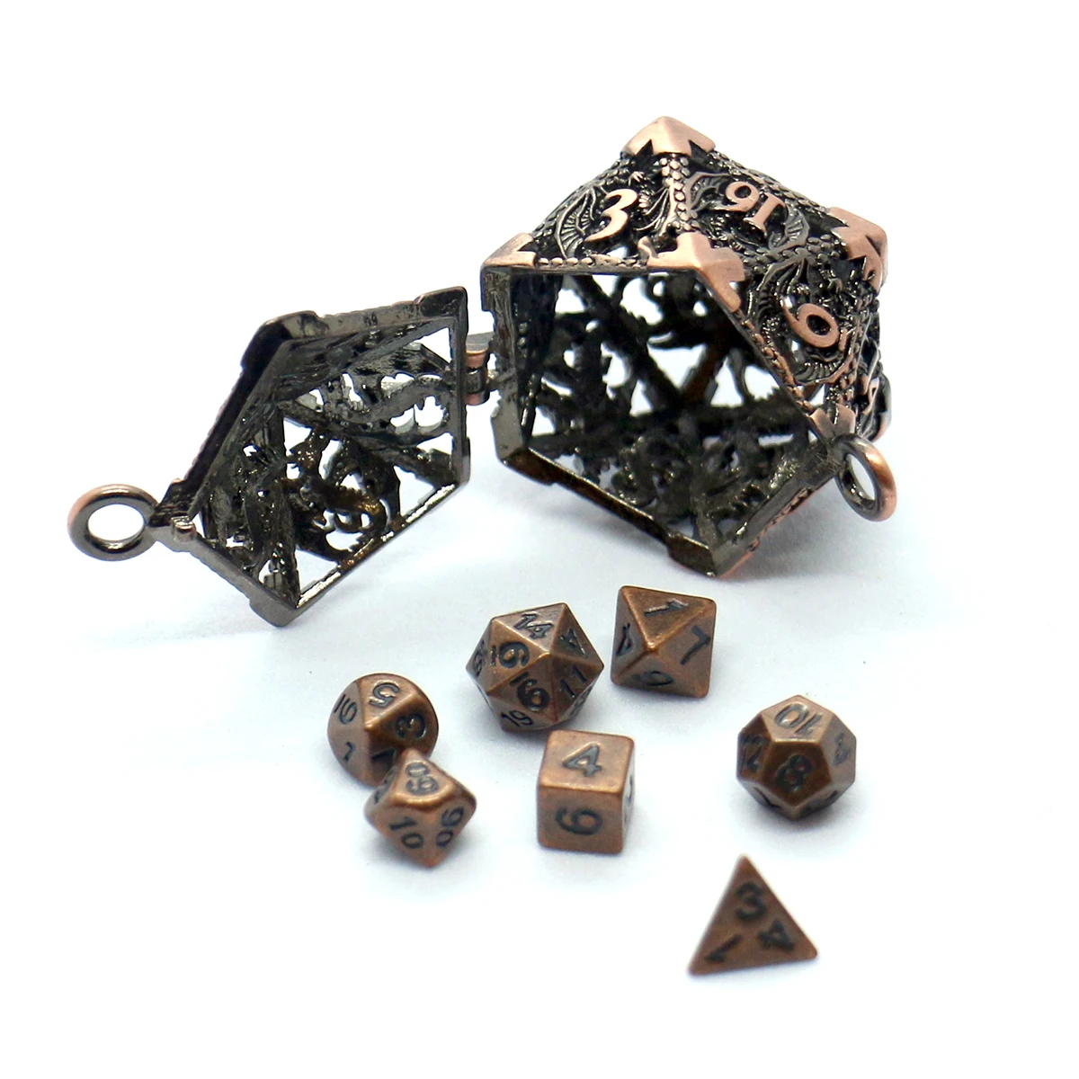 D20 Hohlbox aus Metall + 7-teiliges Würfelset aus Metall, tragbares Brettspielwürfel-Mini-Set – Detail 6
