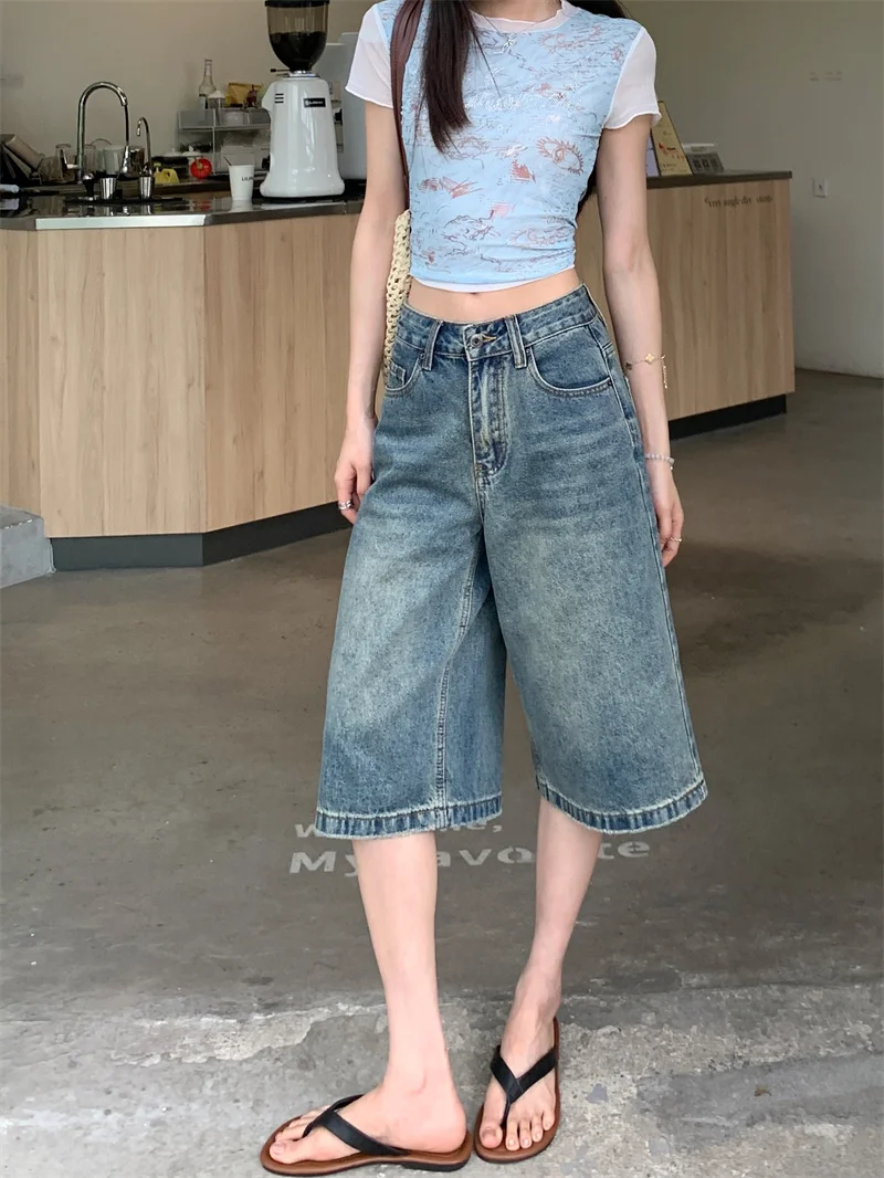 Women's Summer Vintage Blue Denim Wide Leg Cropped Pants High Waist Loose Hide Fat Slim