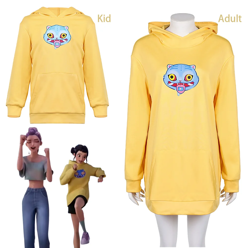 Kpop Roleplay Demon Hunters Huntrix Zoey disfraz Cosplay niños y adultos Sudadera con capucha amarilla lindo gato gráfico traje de Halloween