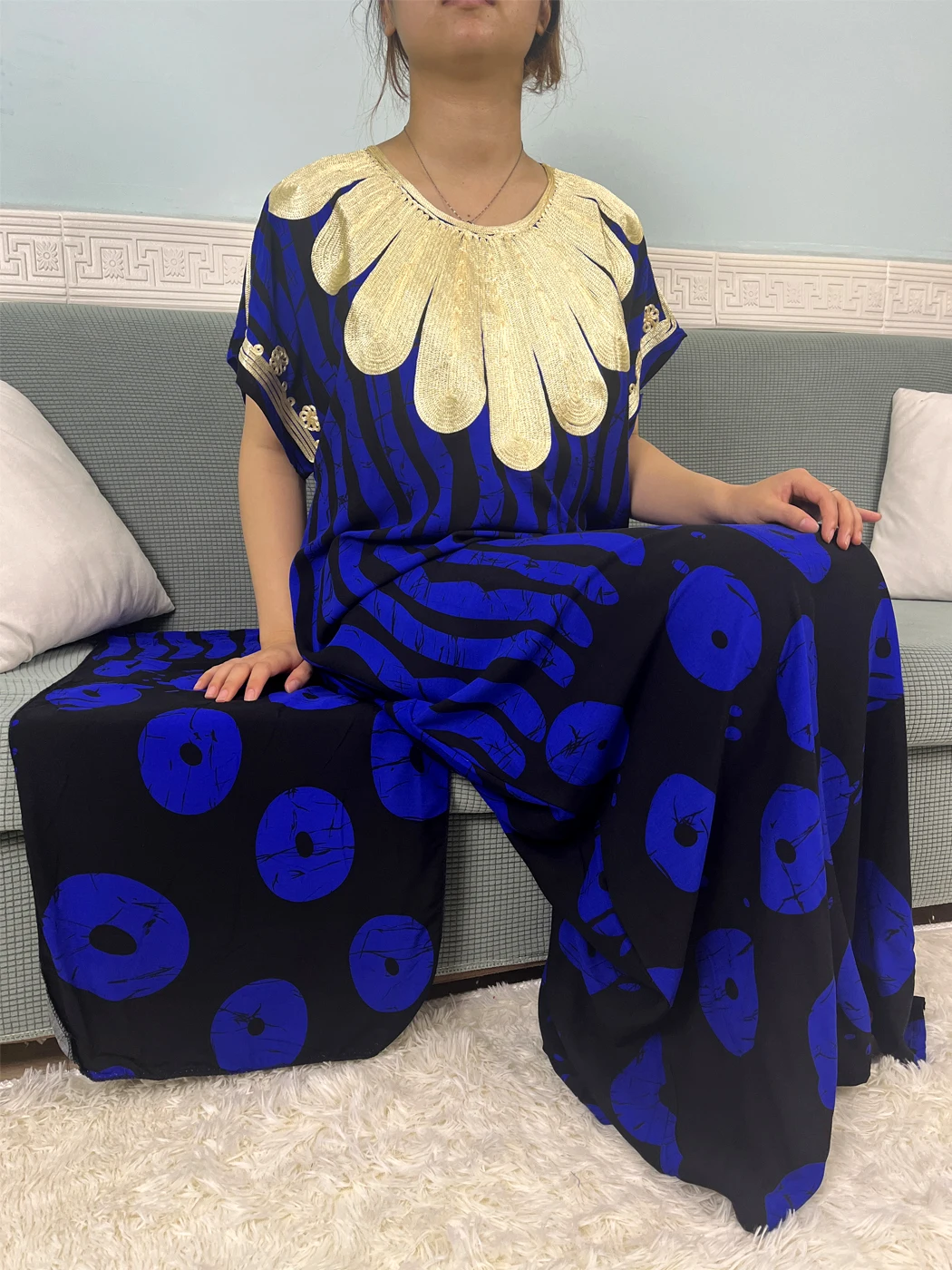 Muslim Woman Dress Summer Short Sleeves Printed Cotton Abayas For Women Boubou Loose Femme Robe Afreican Clothing With Headscarf 5
