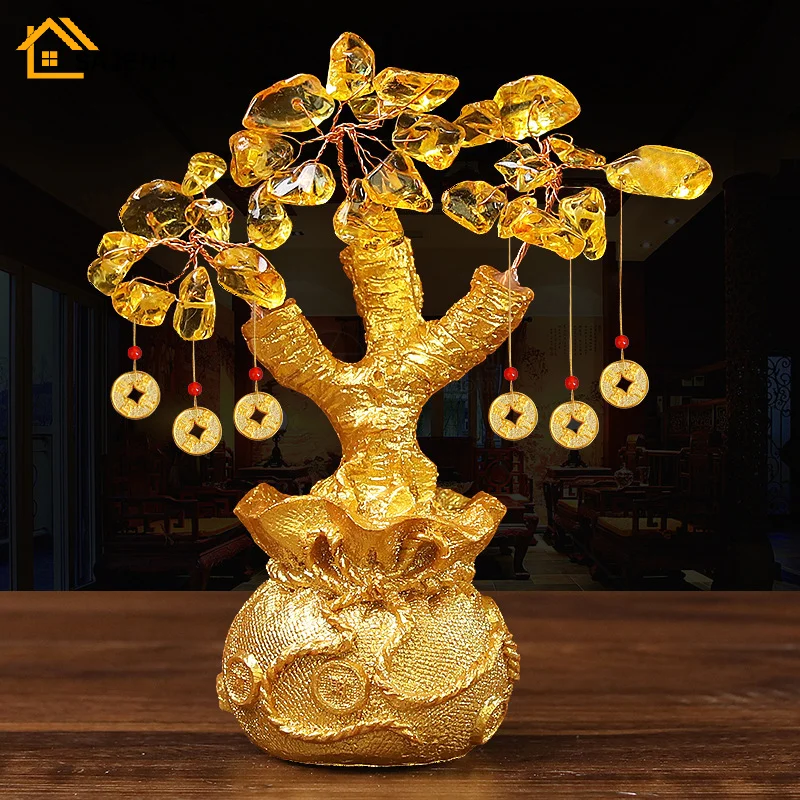 1pc Chinese Yuanbao Money Fortune Tree Wealth Luck Ornaments Small Feng Shui Crystal Gem Money Tree Lucky Trees Decoration