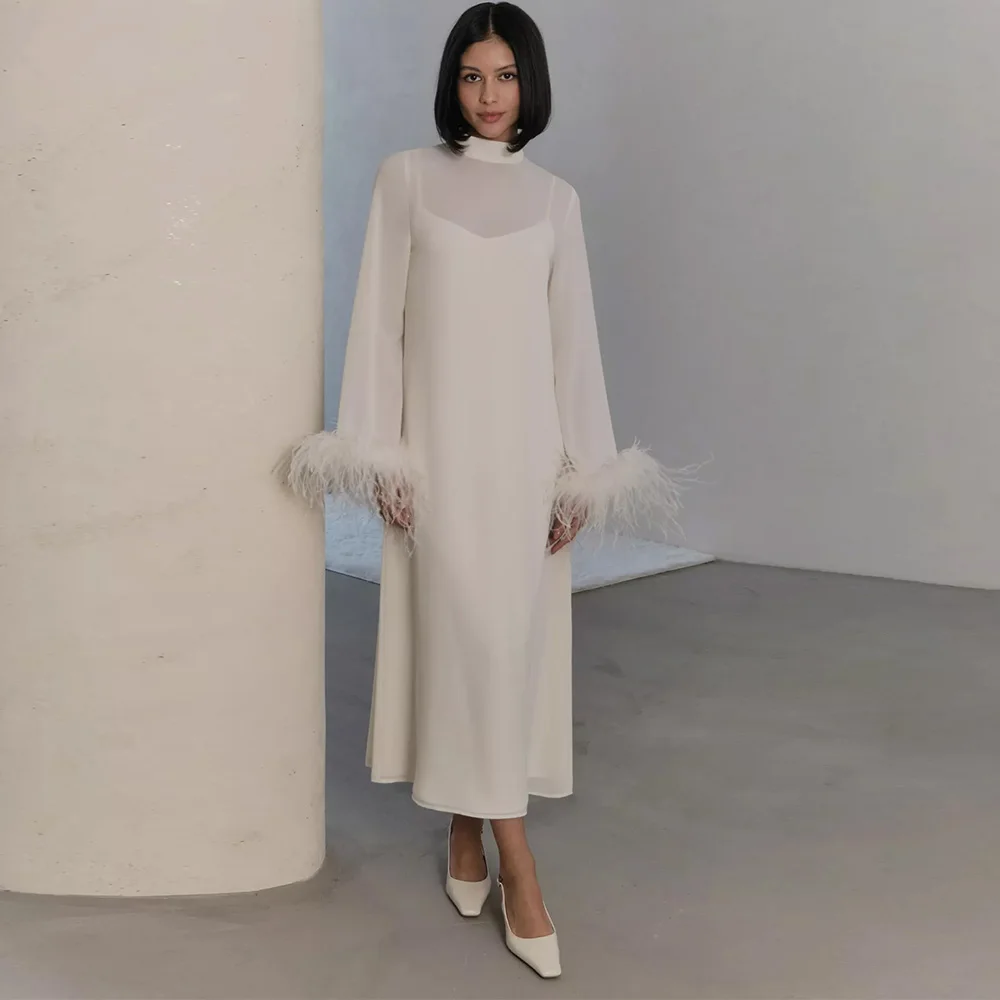

Fashion High Collar Long Sleeves Evening Dress Exquisite Feathers Vestido De Noche Simple White Chiffon Customized Party Dresses