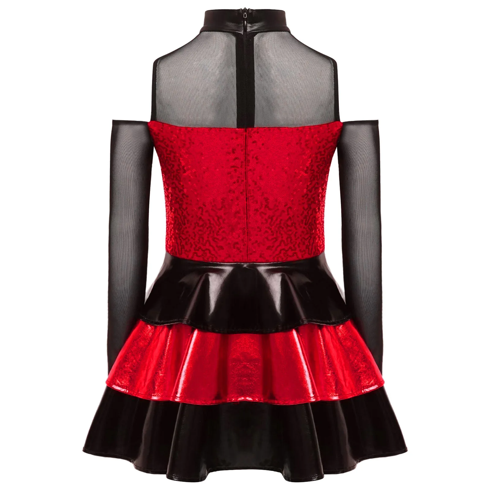 Robe de danse pour filles, Patchwork, valse, Jazz, salle de bal, manches longues, brillante, à plusieurs niveaux, à volants, Mini robe pour vêtements de danse sur scène Jazz