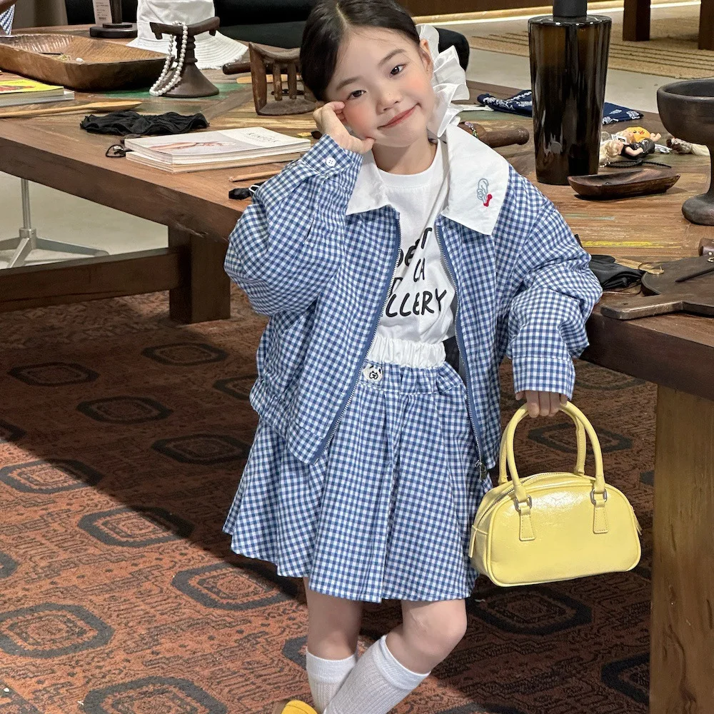 

Корейская детская одежда, комплект детской клетчатой юбки, осенняя мода 2024, детская клетчатая куртка, полуюбка, модный комплект из двух предметов