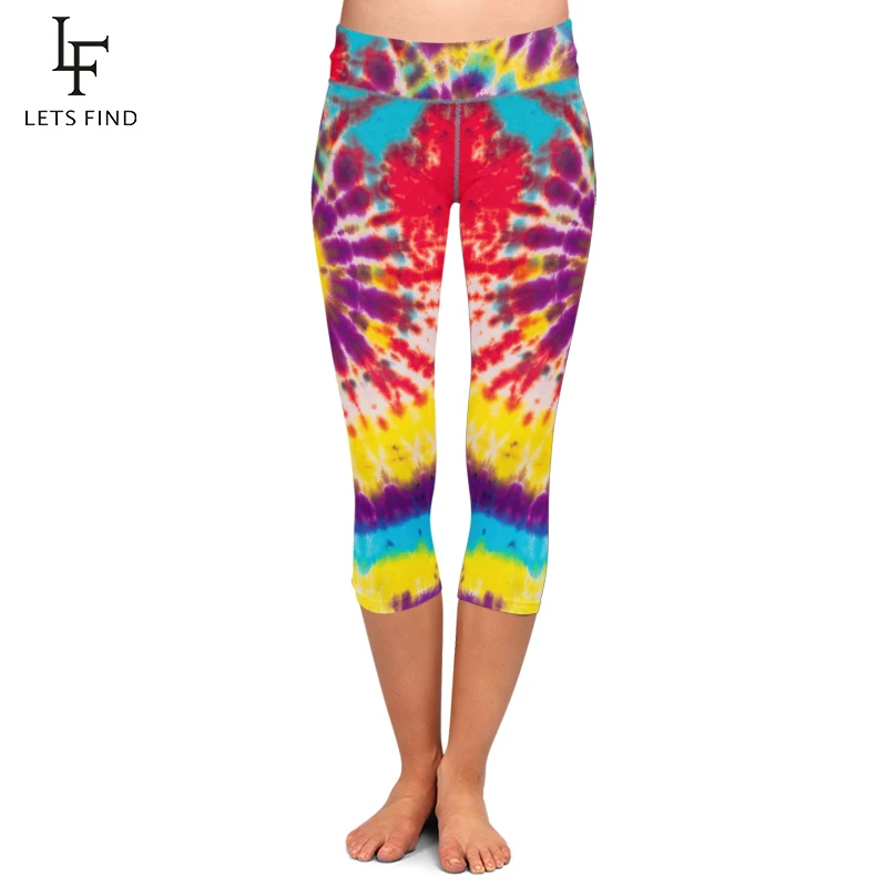 

LETSFIND Women Stretch Pants Colorful Tie-dye Print High Waist 220gsm Double Side Brushed Milk Silk Capri Leggings