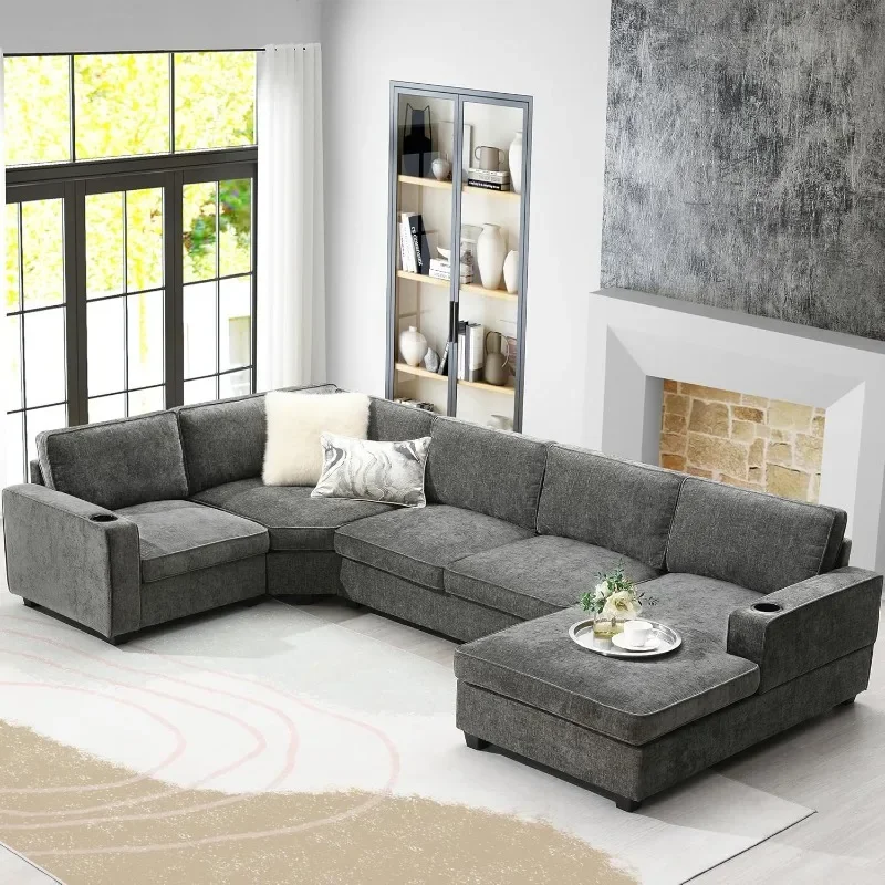 Modern U-shaped Cloud Couch Set, 6-seat Chenille Sectional Sleeper Sofa with