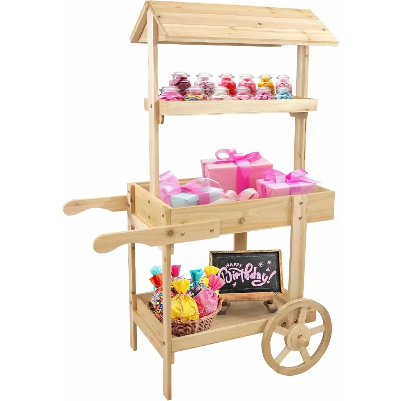 Sunnydaze Country Market Flower Cart Display Stand with Wheels - 2 Shelves - Fir Wood - 30 lb Weight Capacity - Natural Fir