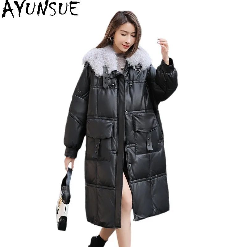 AYUNSUE 本革ダウンジャケットの女性の冬服キツネの毛皮の襟ミッドレングスシープスキンダウンコート女性新 Jaqueta Couro