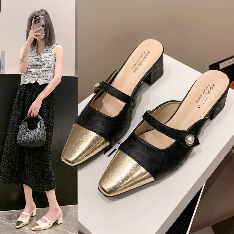 

2025 New French Match Color Bao Head Half Slippers Female Summer Outside Wear Soft Leather Medium Thick with Fashion Slippers