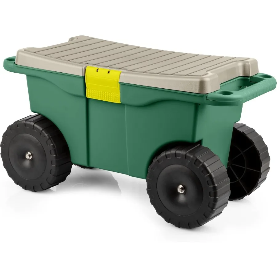 

Rolling Garden Cart with Seat for Outdoor Gardening Use Durable Plastic Storage Cart Featuring Builtin Bench and Interior Tool