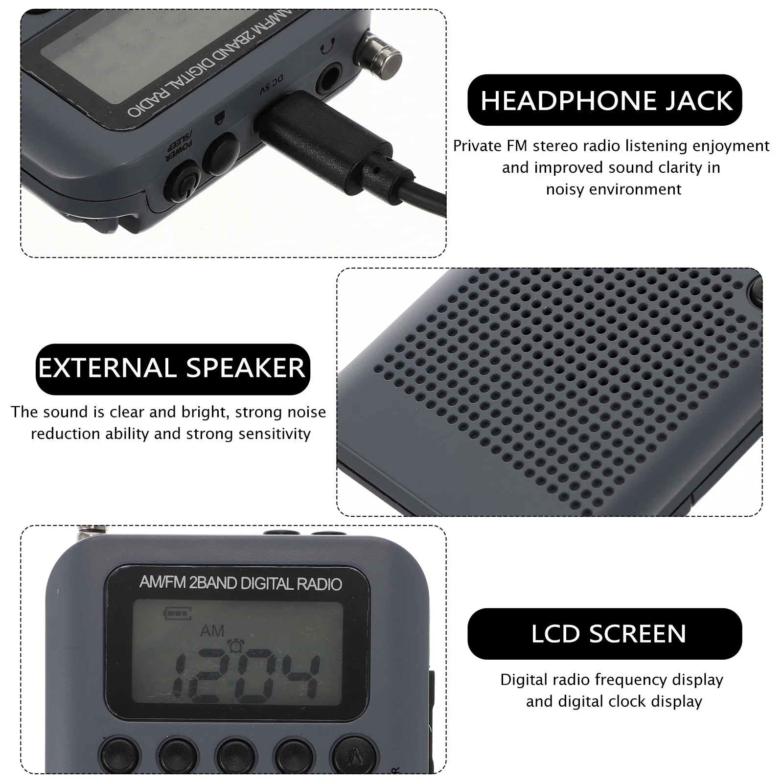 

Mini Am Fm Radio Portable Pocket Radio Rechargeable LCD Screen External Speaker Extended Antenna Stereo Tuning