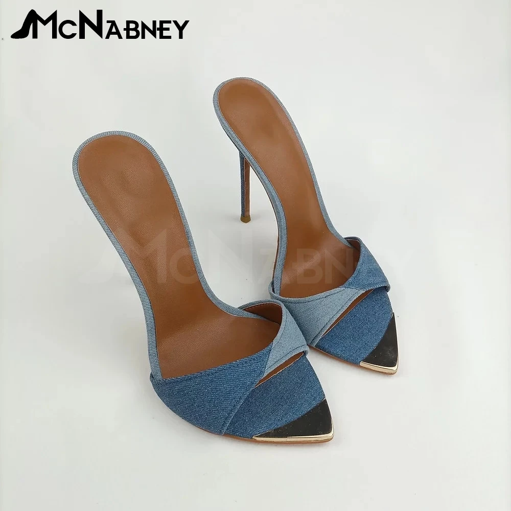 Denim Mules Sexy Stiletto Sandals Metal Toe Super High Heels Summer Shoes Color Block Sexy Slip-On Sandals for Women Slippers