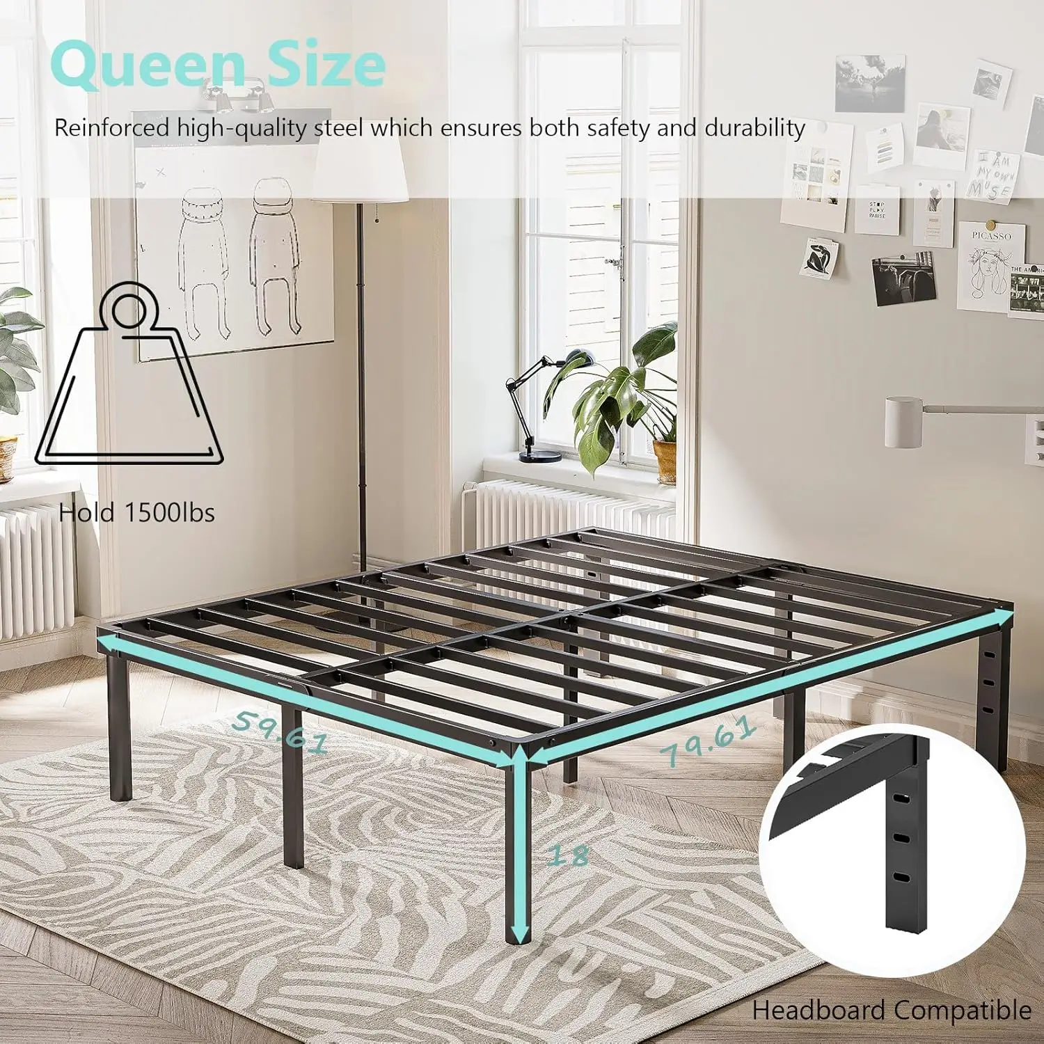 18 inch metal bed frame, large heavy-duty platform bed frame, large boxless spring, easy to assemble, noise free, black