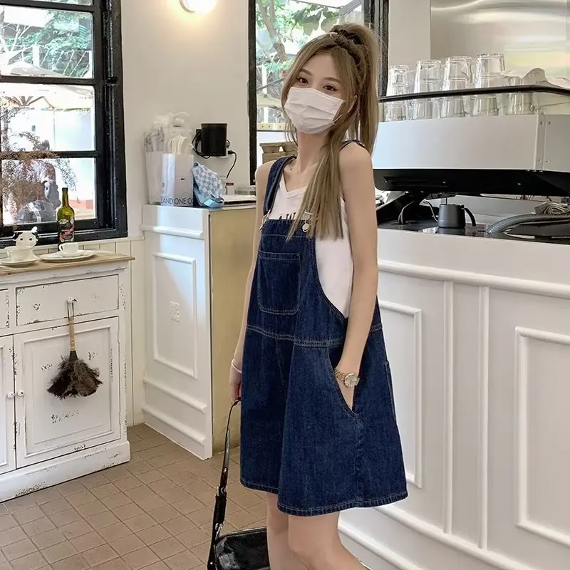 Blue Denim Overalls Women's Loose Wide Leg Short Pants Spring Fashion Slimming Anti-Aging High Waist Street Style Jeans