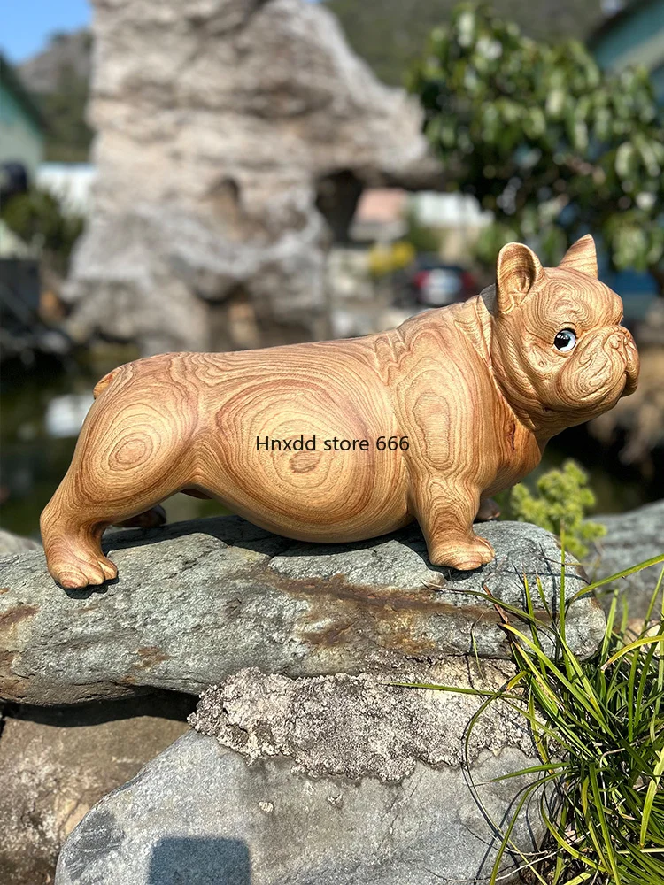 French Bulldog camphor wood carving animal cute ornament